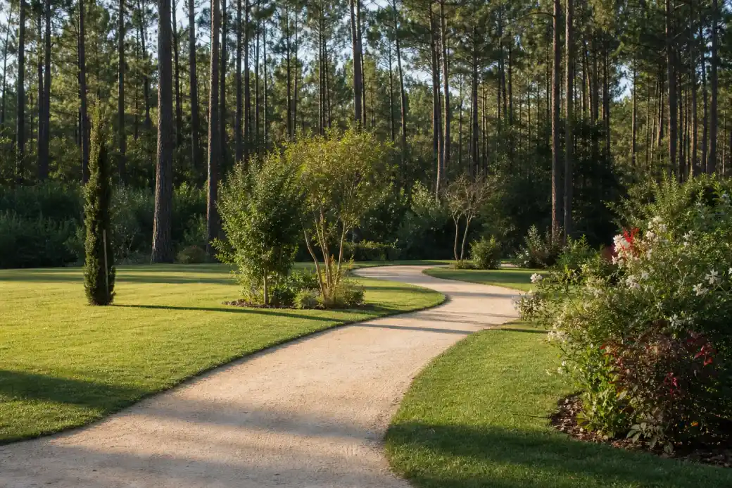 Allée de jardin en sable stabilisé clair serpentant dans une pelouse à Mont-de-Marsan, bordures nettes, massifs de plantes de terre acide, lisière de pins des Landes en fond, lumière chaude.