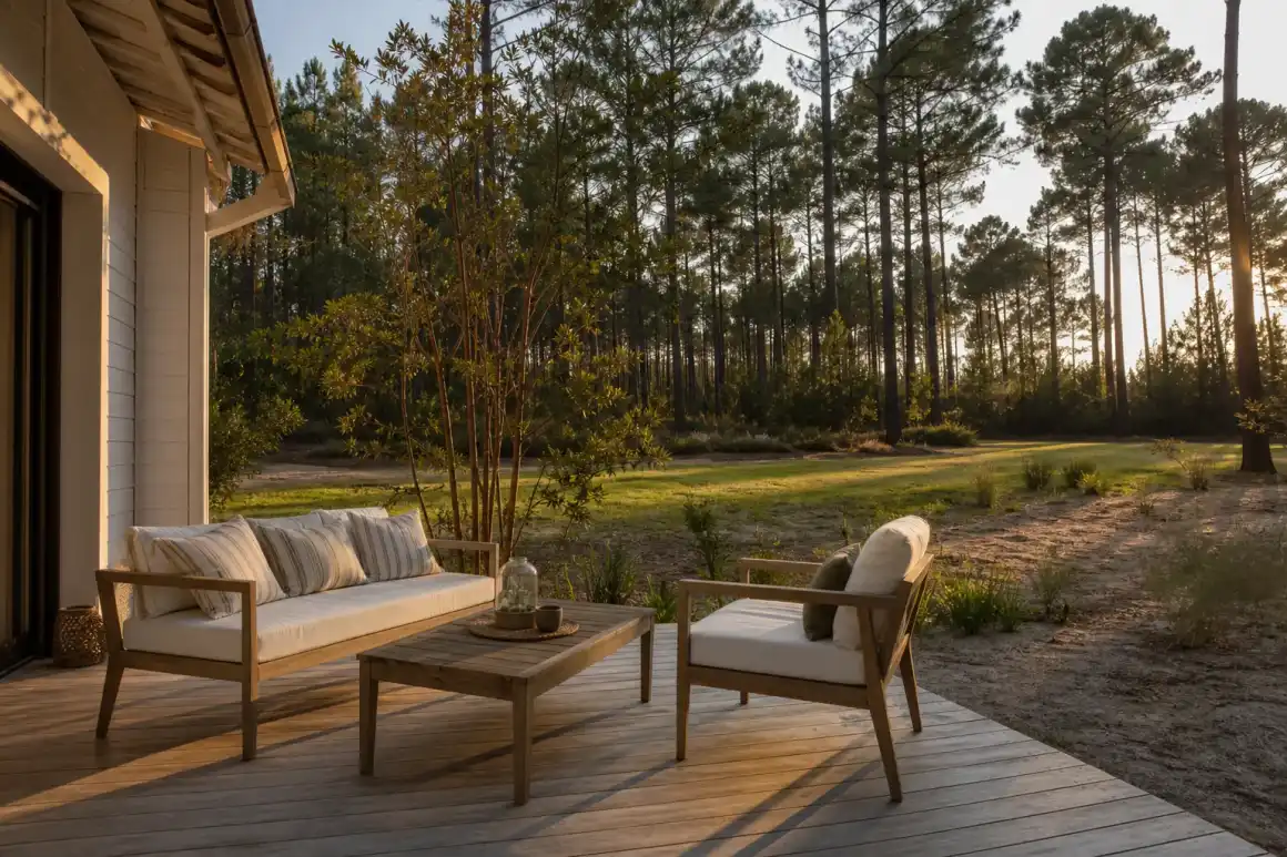 Terrasse en bois de pin des Landes devant une maison landaise à Mont-de-Marsan, salon de jardin, pelouse sur sol sableux et lisière de pins en fond, lumière chaude de fin d'après-midi.