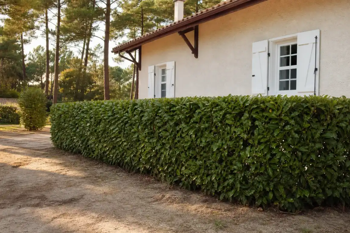 Photo horizontale d'une haie de laurier taillée bien droite devant une maison landaise en crépi clair, jardin sableux et pins maritimes en arrière-plan, lumière douce de fin d'après-midi.
