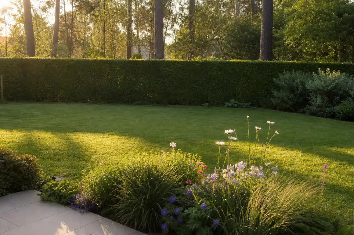 Jardin de particulier montois vu depuis la terrasse : pelouse dense fraîchement tondue, haie de charmille taillée net, massif fleuri de vivaces au premier plan, lumière rasante dorée, aucune personne visible.
