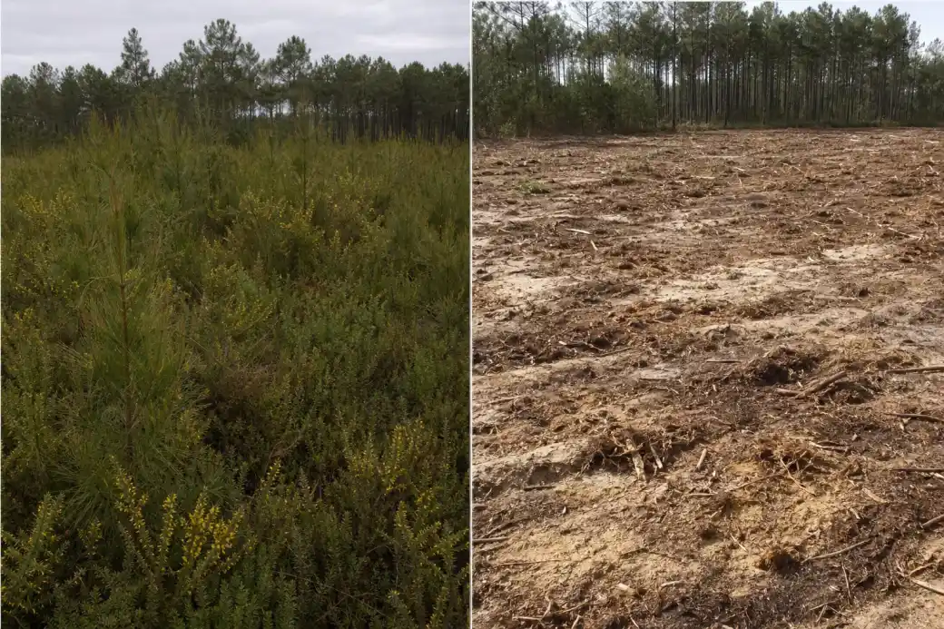 Avant-après d'une parcelle envahie par l'ajonc et les rejets de pins, à gauche la friche refermée, à droite le terrain net et broyé sur sol sableux, même cadrage.