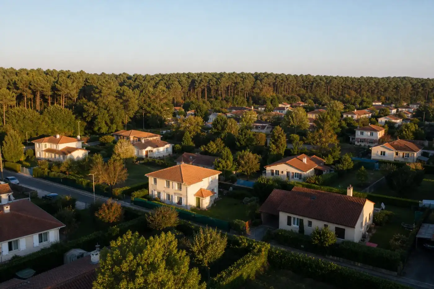 Vue aérienne basse d'un quartier pavillonnaire de la couronne de Mont-de-Marsan : jardins verts contigus, haies taillées, lisière de pins maritimes des Landes en arrière-plan, lumière chaude de fin d'après-midi.