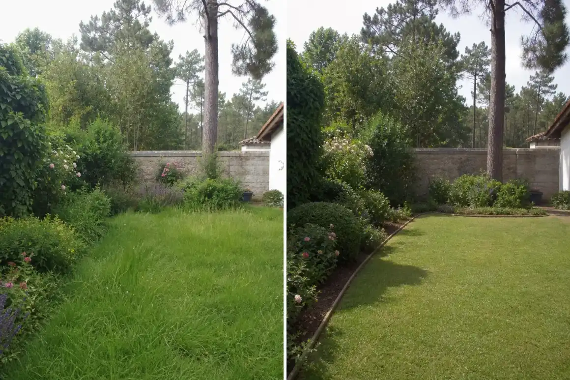 Bande avant/après d'un même jardin de faubourg montois : à gauche pelouse haute et massif envahi, à droite pelouse tondue net et bordure au cordeau, même angle, même lumière.
