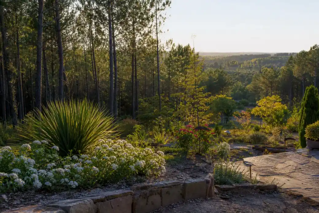 Jardin en pente douce à Benquet ouvrant sur les coteaux de la Chalosse, terrasse et massifs étagés, lumière chaude de fin d'après-midi, cadrage large.