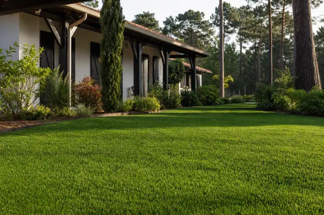 Photo d'une pelouse dense et bien verte devant une maison landaise, gazon uniforme et sain, bordure nette, lumière naturelle du matin, ambiance soignée et durable.