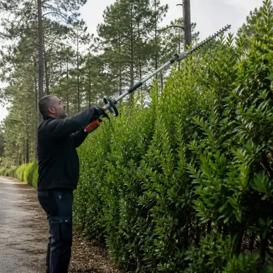 Jardinier professionnel en train de tailler une haie avec un taille-haie sur perche, tenue de travail, geste précis.