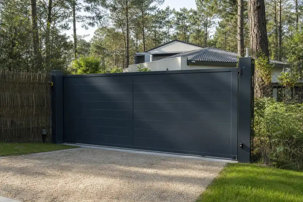 Portail coulissant réglé à l'entrée d'un jardin montois, garde au sol régulière, finition propre contre la bande de pelouse.