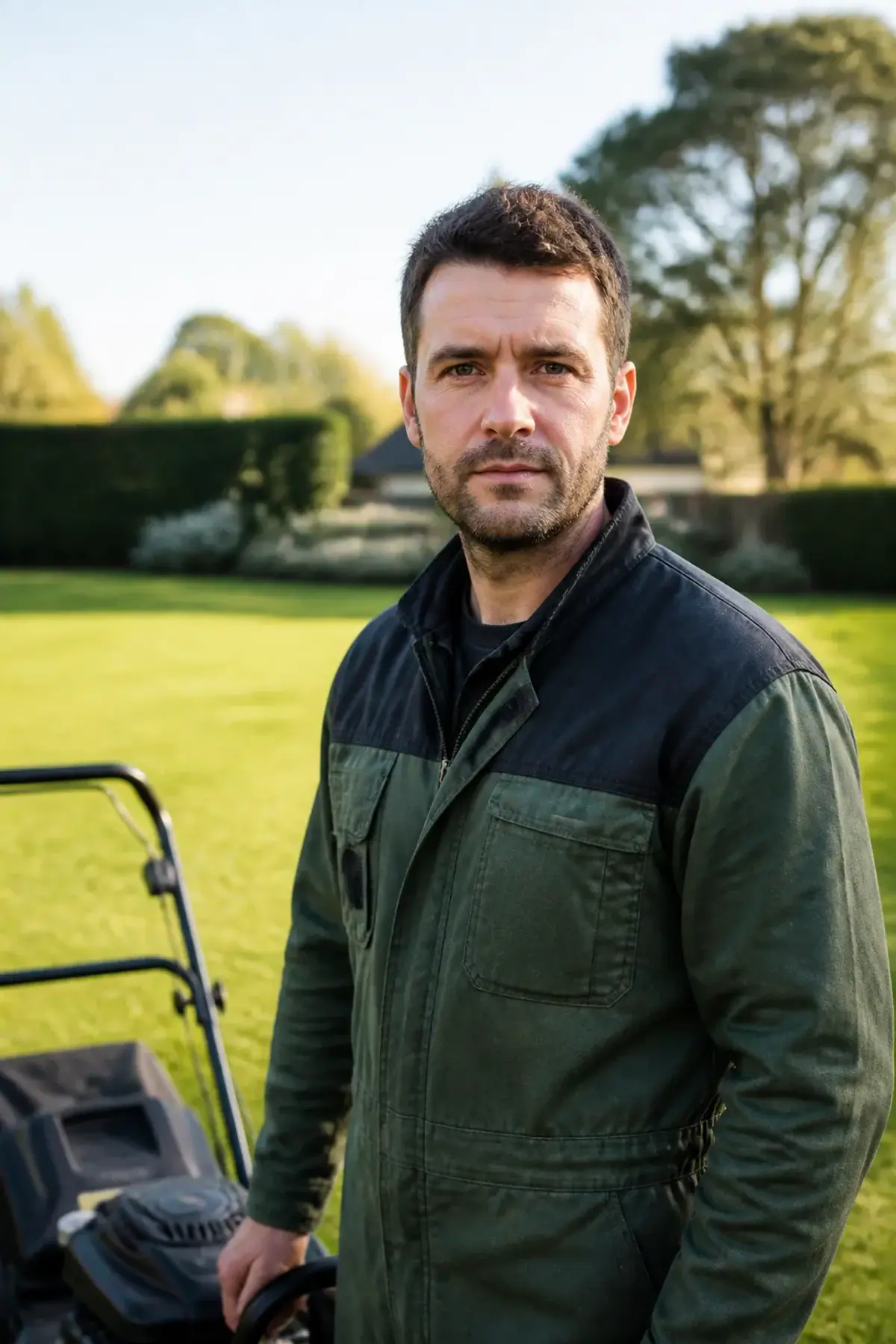 Portrait d'un homme d'une trentaine d'années en tenue de jardinier, debout près d'une tondeuse thermique, pelouse fraîchement tondue en arrière-plan flou, regard franc, cadrage buste, ambiance de matinée claire.
